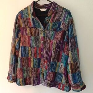 CJ Banks Green and Purple Button Down Jacket w/ Mandarin Collar and 3/4 Sleeves